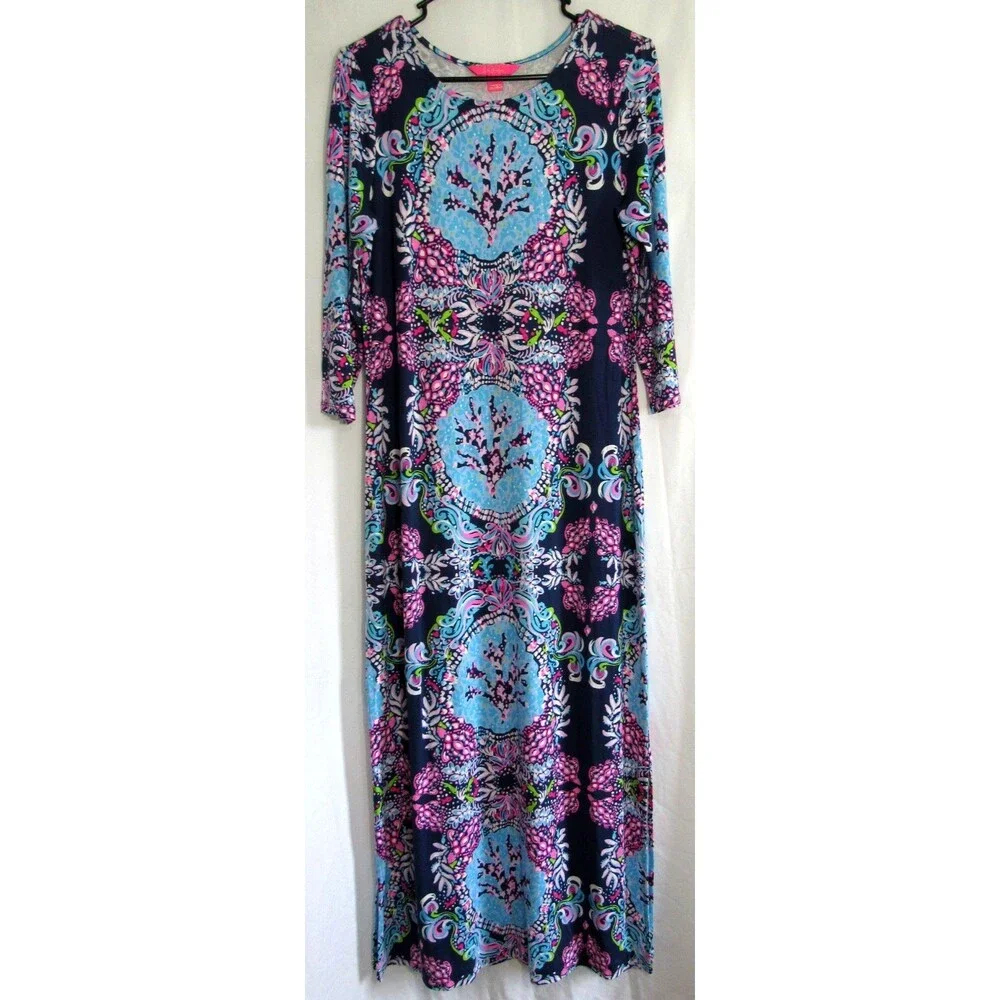 lilly pulitzer morgann maxi dress Lilly Pulitzer Morgann Blue Floral 3/4 Sleeve Side Slits Maxi Dress Size M  EUC